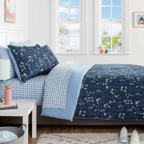 7pc King Floral Printed Microfiber Reversible Comforter & Sheets Set Navy -