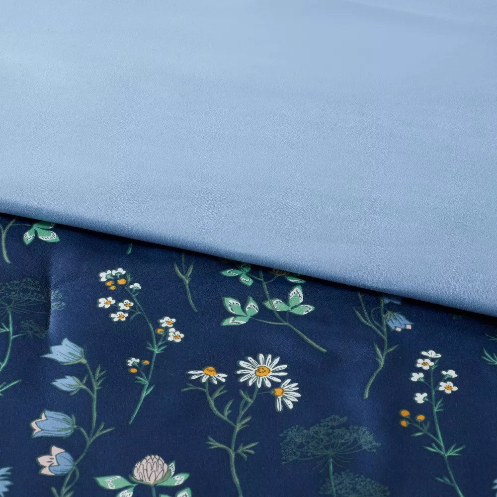 7pc King Floral Printed Microfiber Reversible Comforter & Sheets Set Navy -